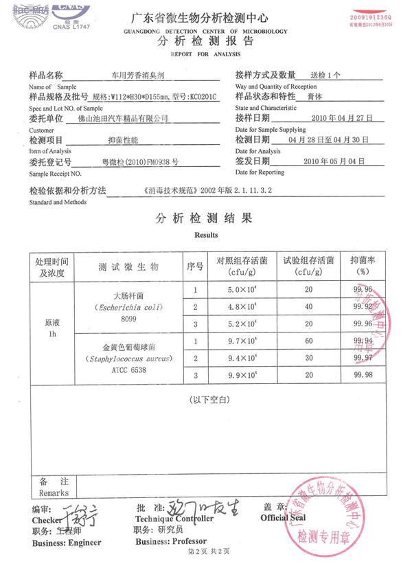 抑菌檢測報(bào)告證書